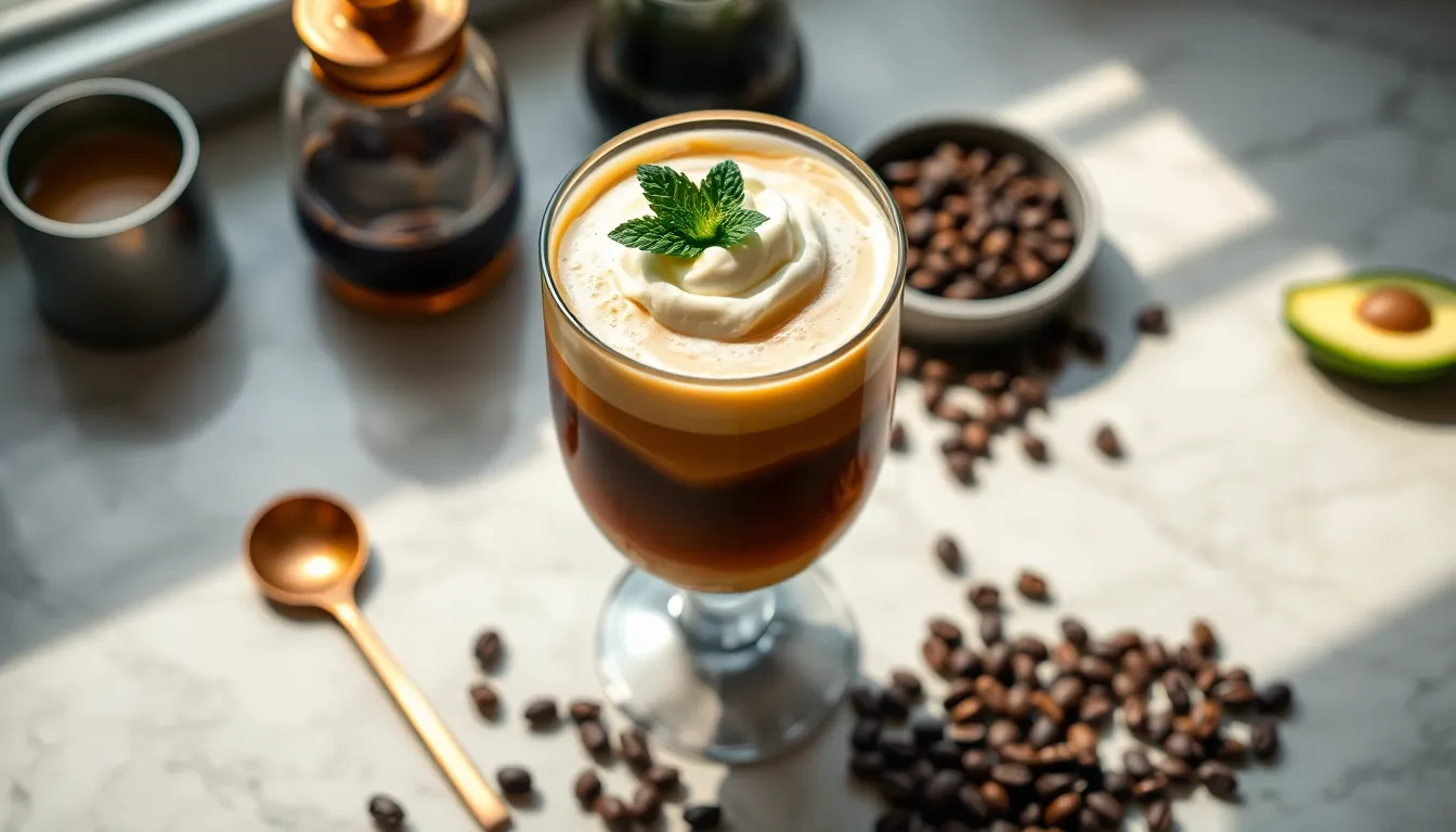 Creamy Avocado Coffee Float: A Delicious and Unique Beverage Recipe 3 Avocado coffee float with stylish serving accessories