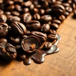 Chocolate covered coffee beans artfully arranged with rich chocolate drizzle